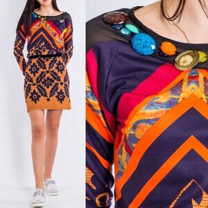 Desigual Y2 Beaded Long Sleeve‎ Dress Womens Sz Small Orange 37V2L09 Art To Wear